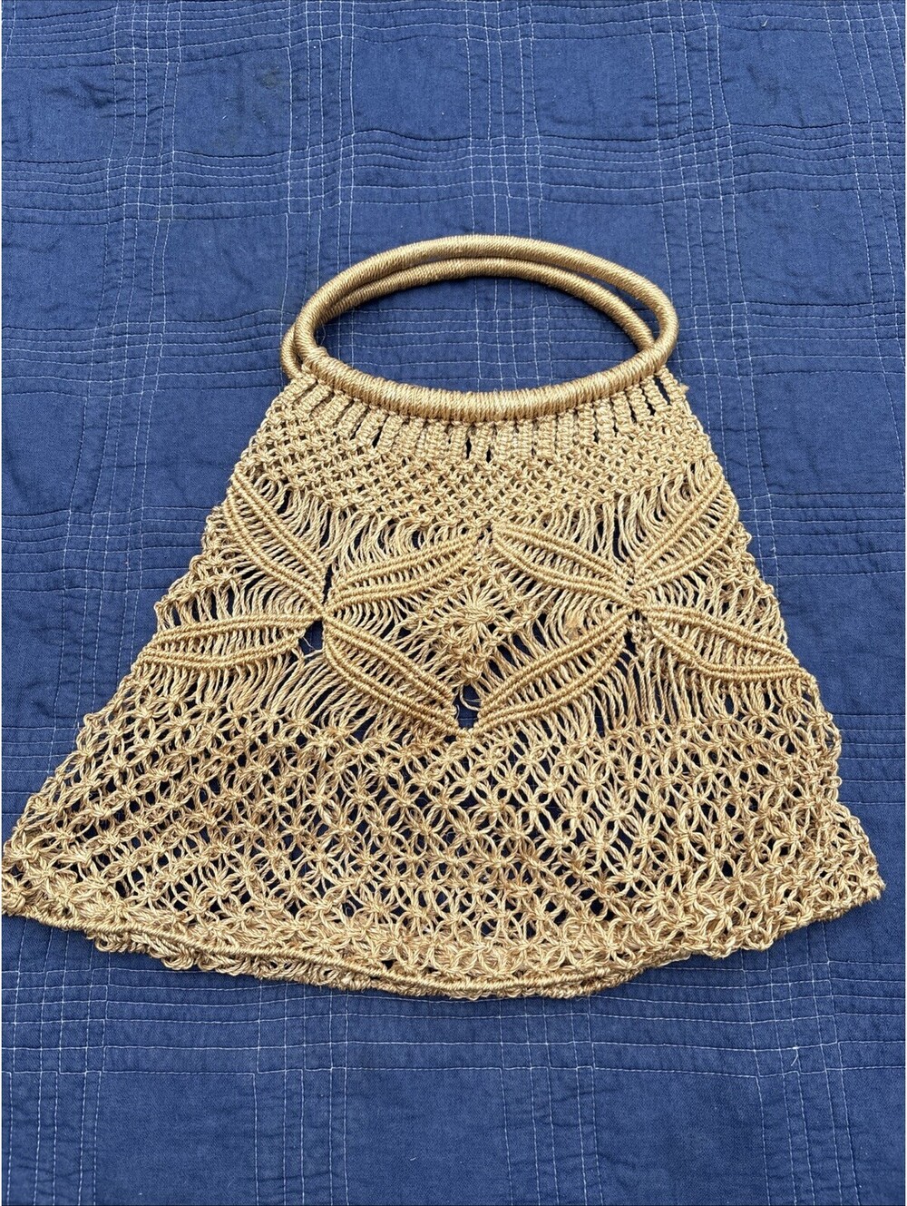 Vintage Boho Macrame Woven Handbag Purse Natural Fiber Double Ring Handles